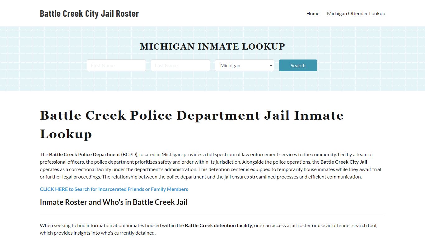 Battle Creek Police Department Jail Inmate Lookup