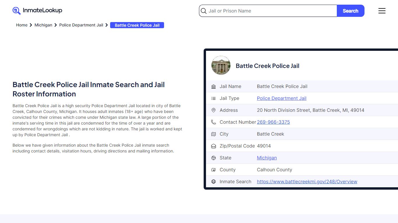 Battle Creek Police Jail Inmate Search - Inmate Lookup