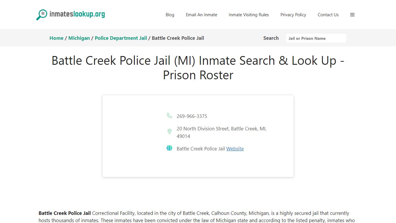 Battle Creek Police Jail (MI) Inmate Search & Look Up - Prison Roster